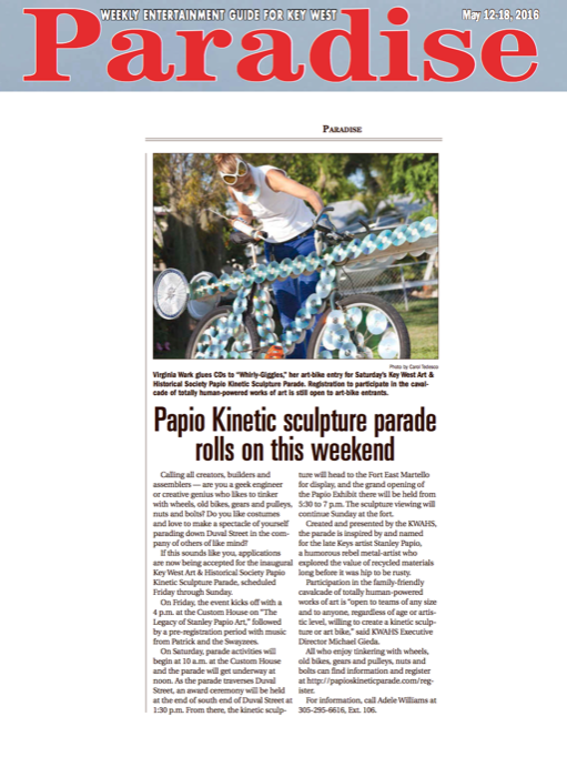 Paradise Newspaper Article on  Papio Kinetic Sculpture Parade